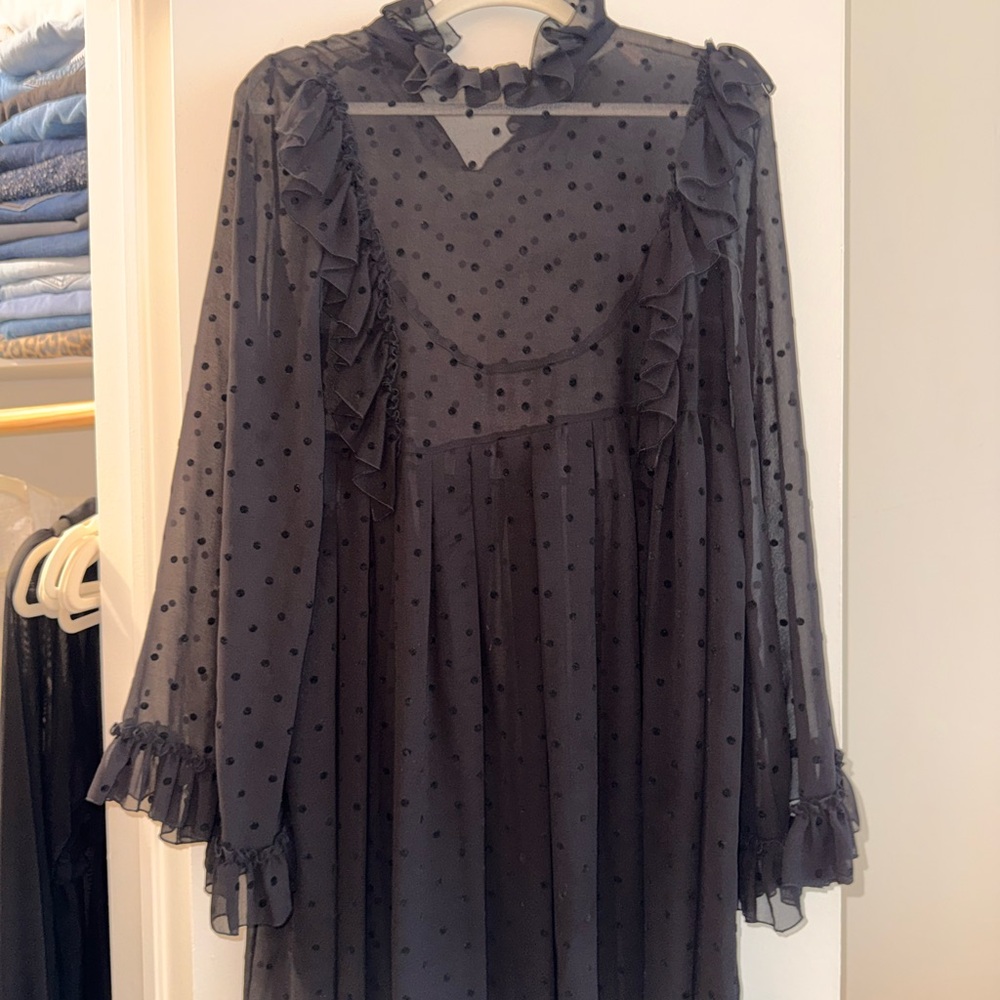See by Chloe Sheer Black Polka Dot Ruffle Dress